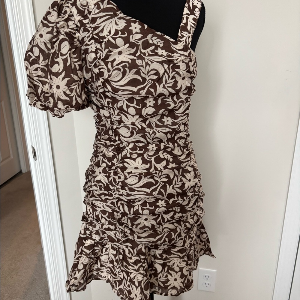 TCEC One-Shoulder Brown Floral Ruched Dress with Puff Sleeve
